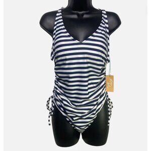 Kona Sol Blue White Stripe Women's Modern One Piece Swimuit Size Large 12-14 NWT